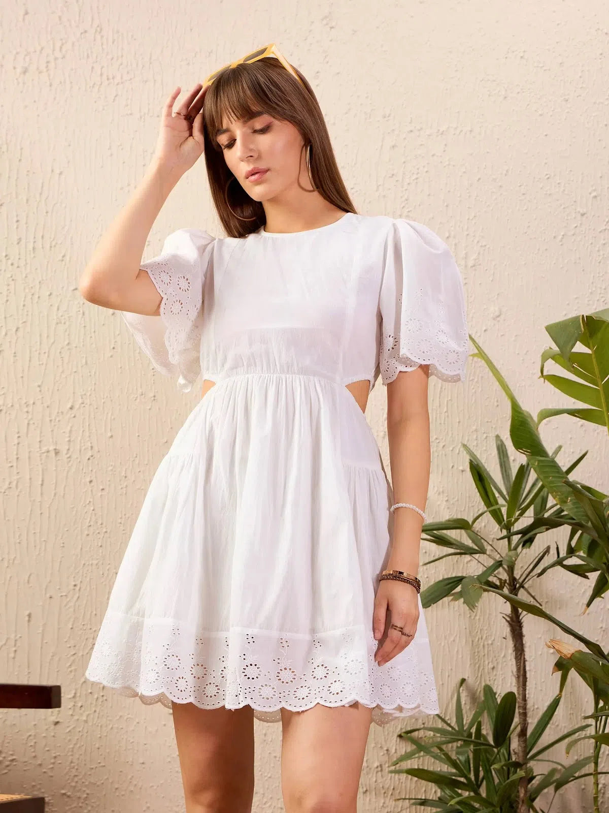 Casual Women's Clothing Online Women White Schiffli Waist Cut Out Skater Dress