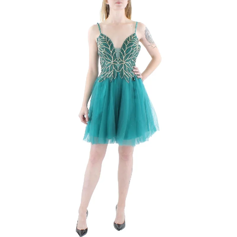 Women's Work Outfit For The Office Blondie Nites Womens Juniors Mesh Beaded Fit & Flare Dress