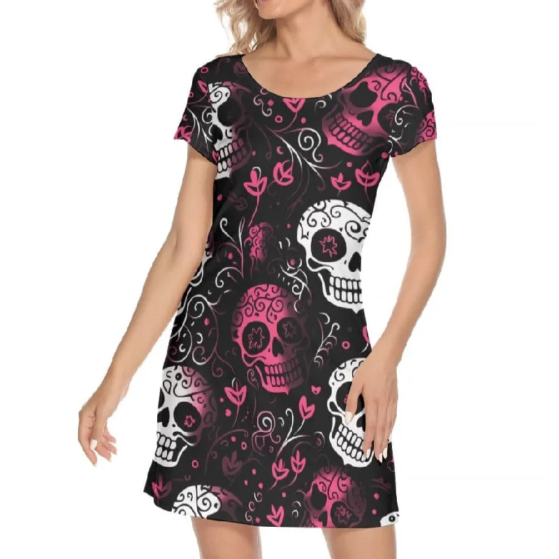 Trendy Women's Wear Women's Pink Skulls Short Sleeve O-neck Dress