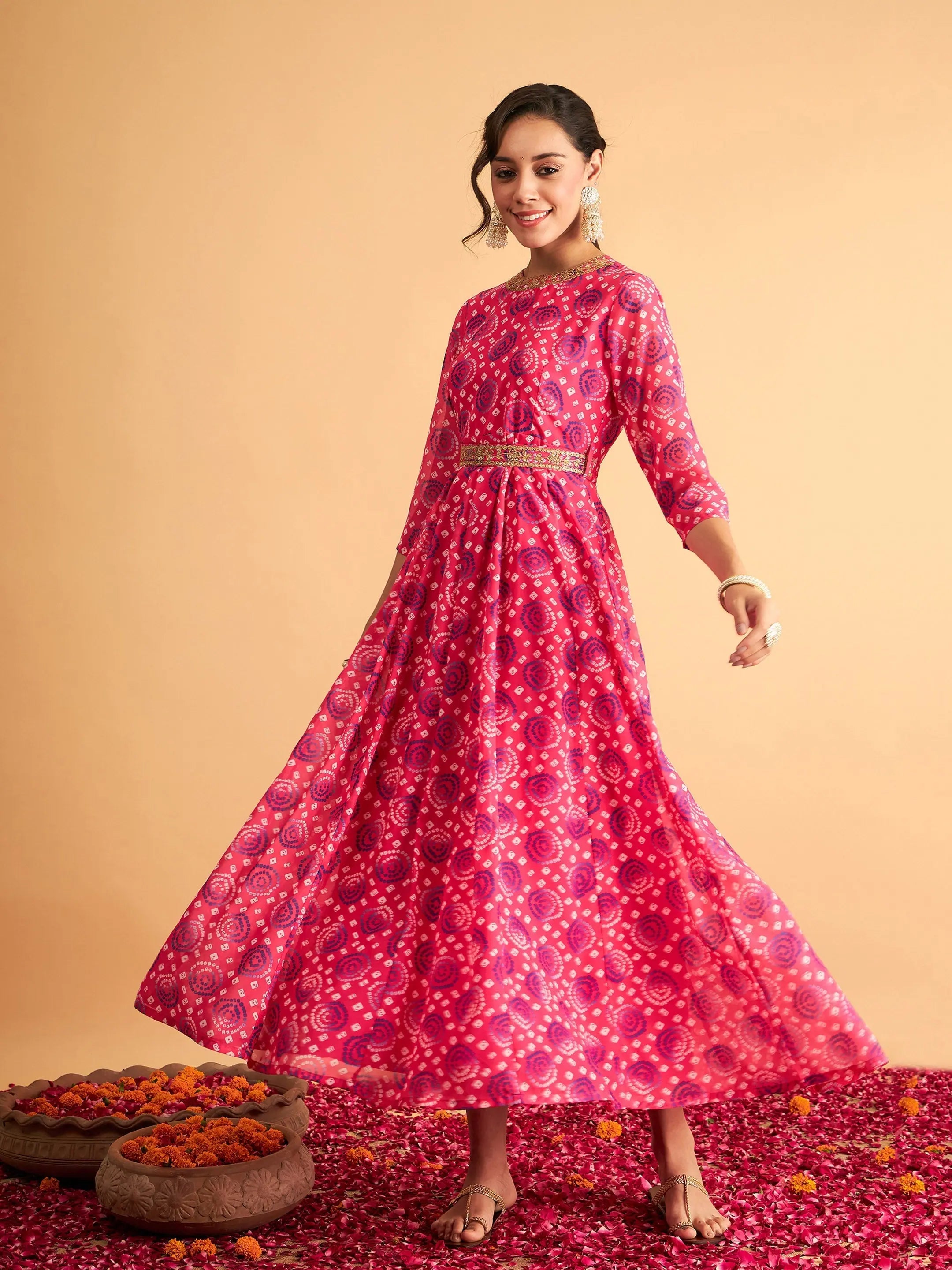Women's Vintage-Inspired Clothing Women Fuchsia & Blue Bandhej Anarkali Dress