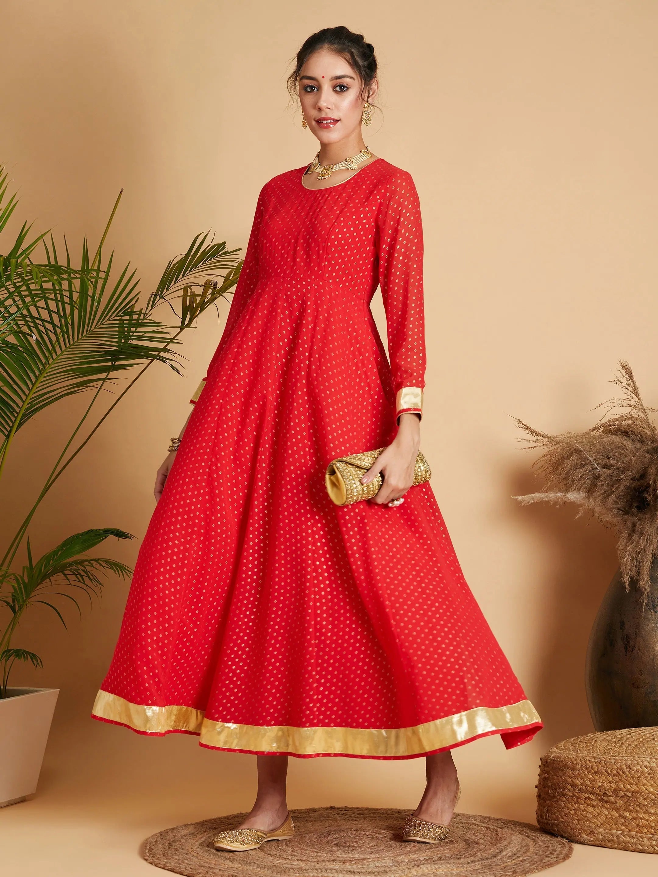 Women Wear Online Women Red Dot Foil Print Anarkali Dress