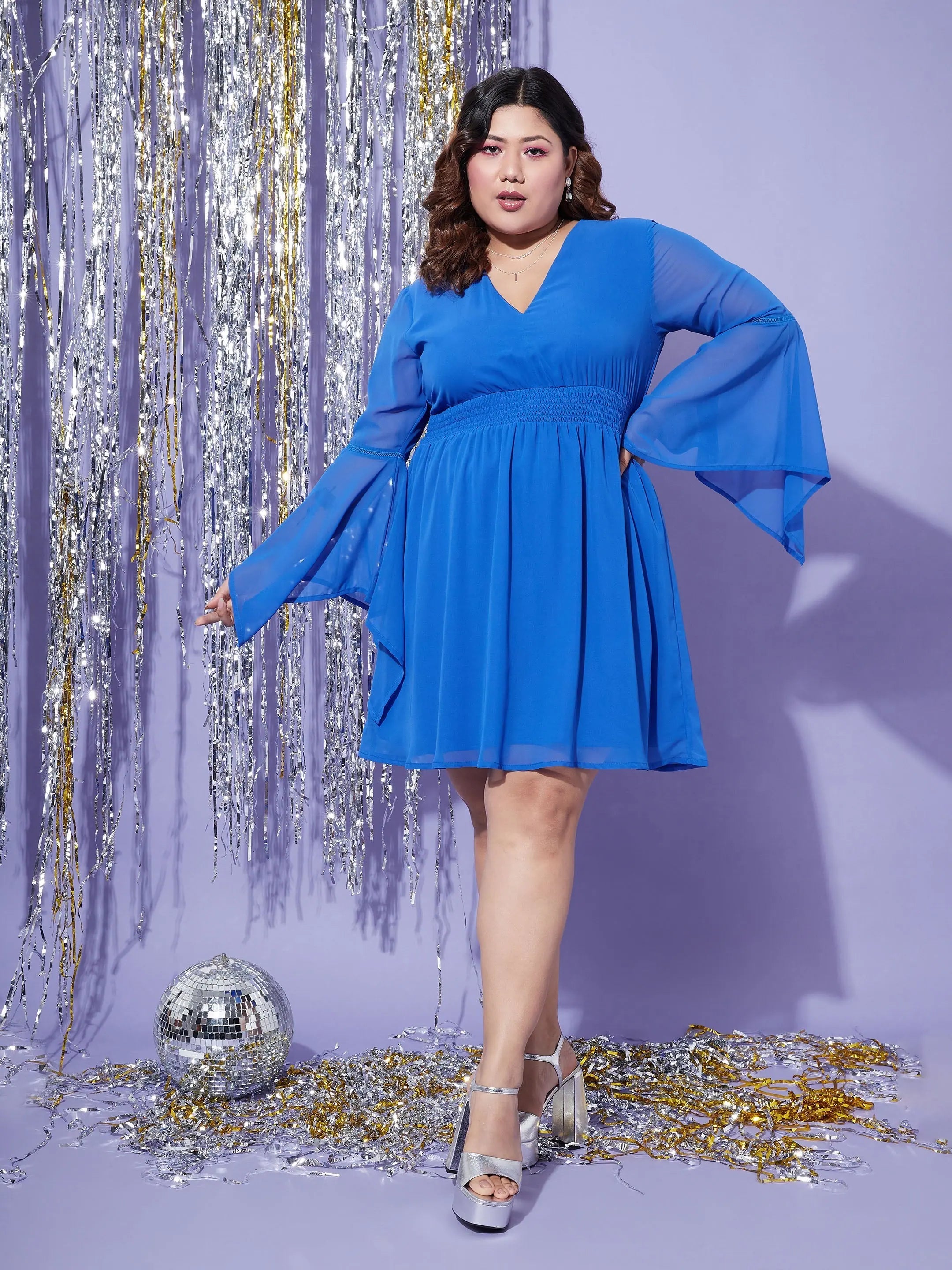 Plus Size Women Wear Women Blue Boho Sleeve Skater Dress