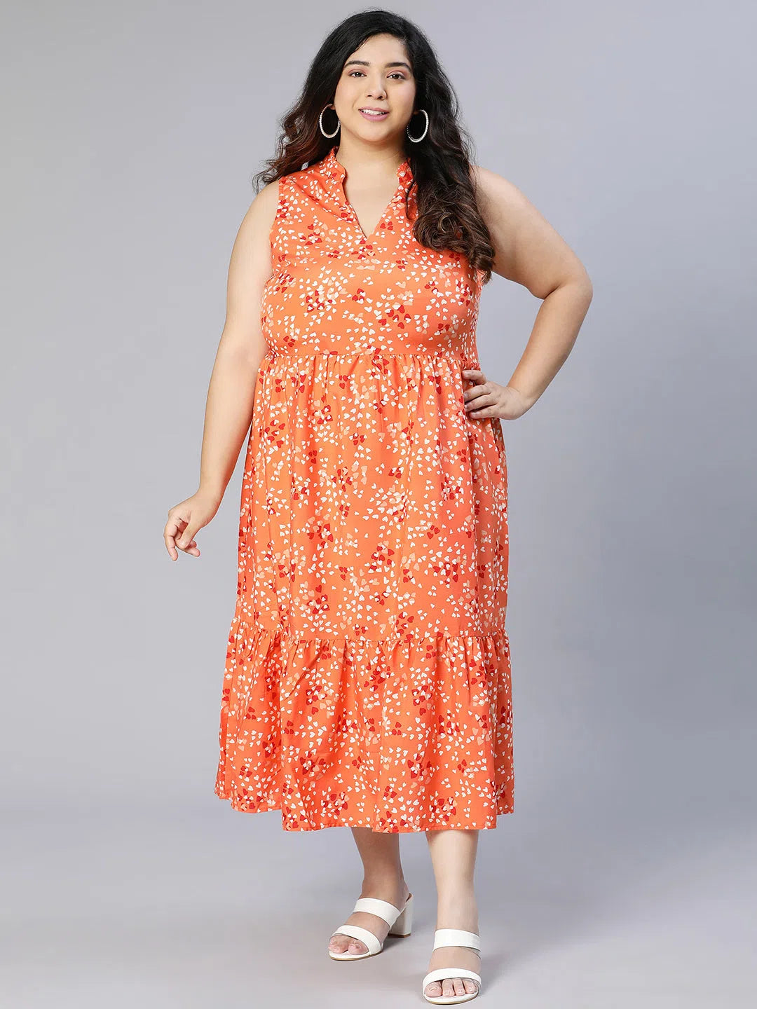 Women's Elegant Clothing Sets Plus Orange Flower Polyester Print V-Neck Dress-S23011PDR001