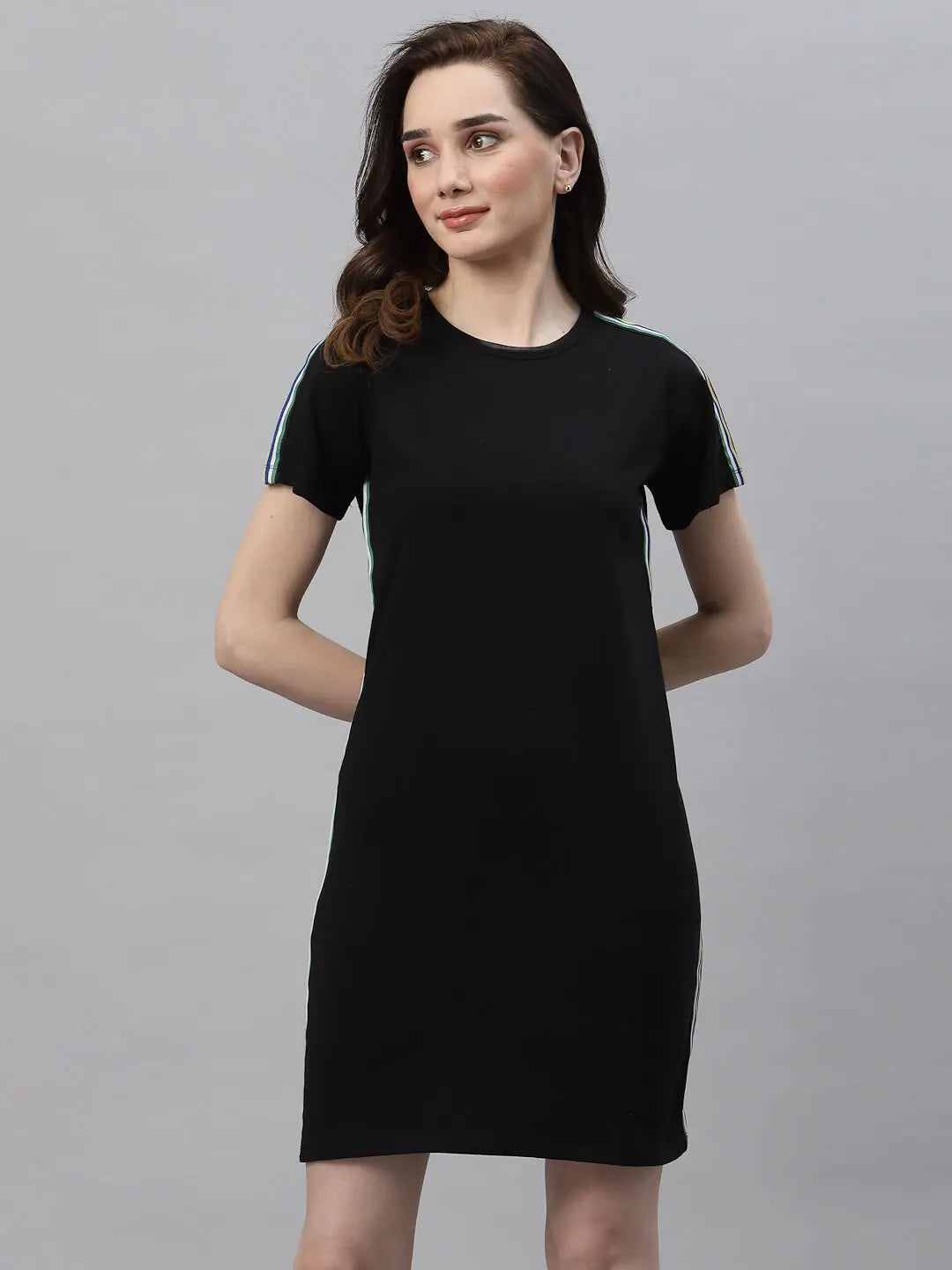 High End Fashion Rigo Women Black Round Neck Side Tape Dress