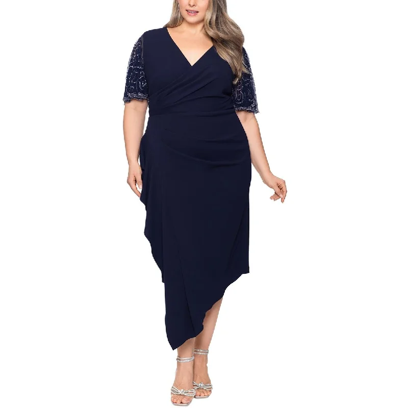 Elegant Styles Betsy & Adam Womens Plus Ruched Asymmetrical Sheath Dress