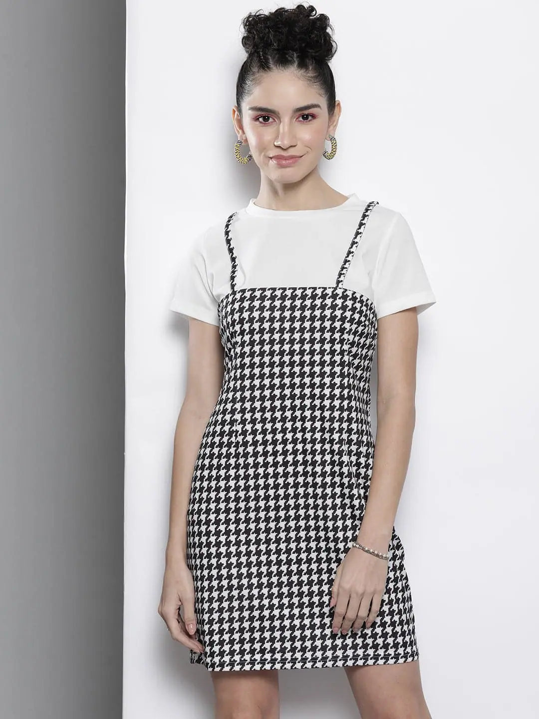 Timeless Women's Clothing Women Black & White Geo Knit Mock Dungaree Dress