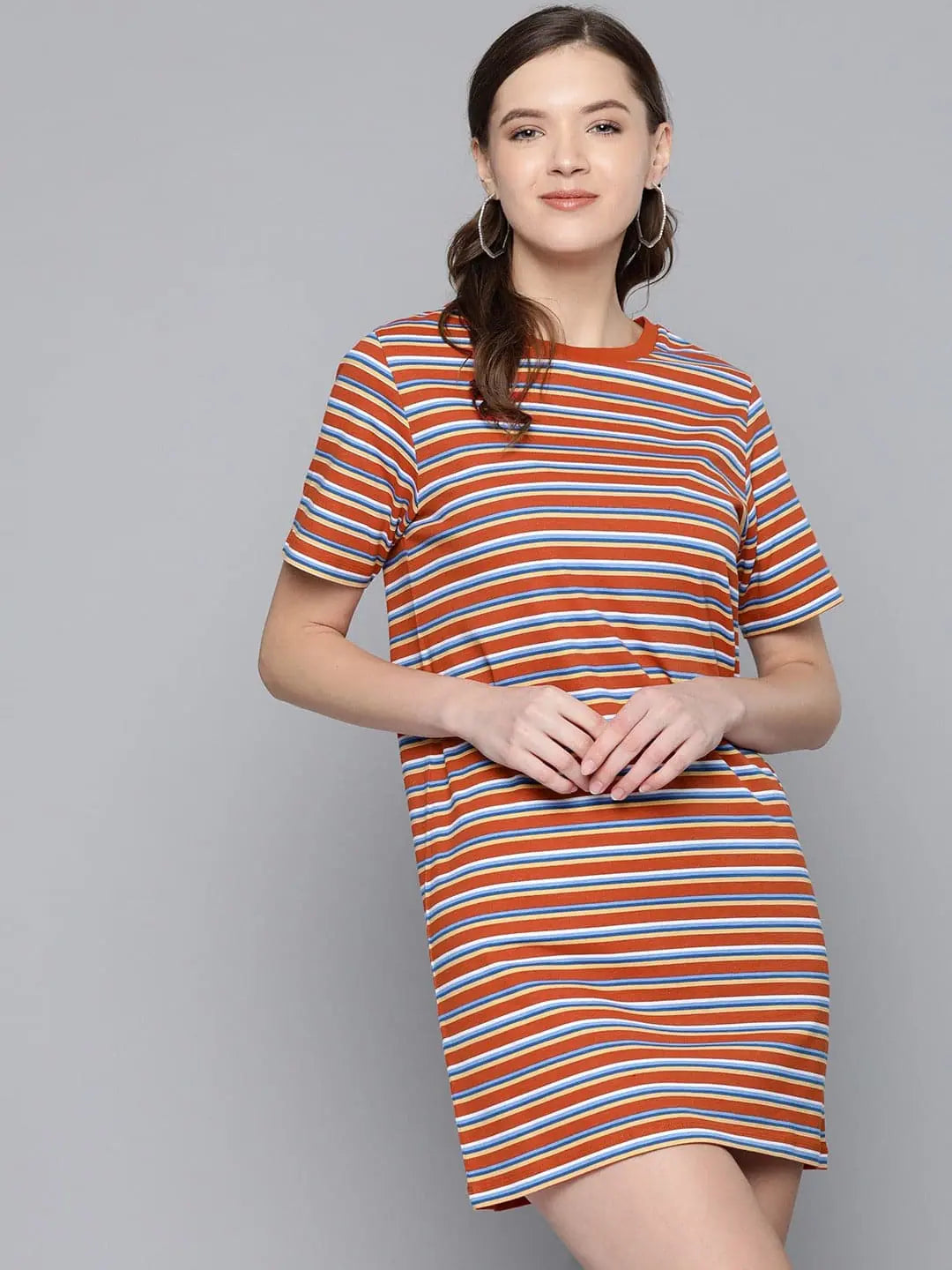 Women's Fashion Clothing Rust & Blue Stripes Sheath Dress