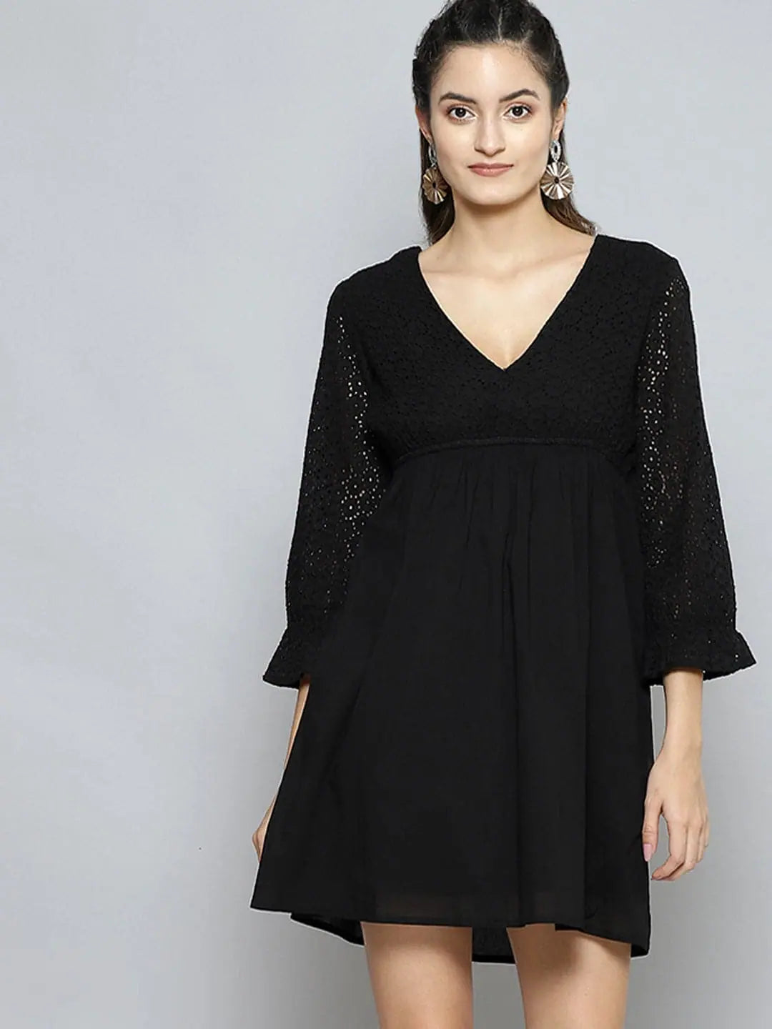 Women's Vintage Clothes Women Black Schiffli Wrap Neck Short Dress
