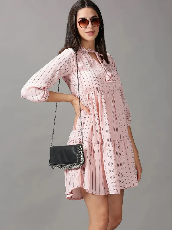 Women Wear Boutique Women's Peach Striped Fit and Flare Dress-AE-15712-Peach