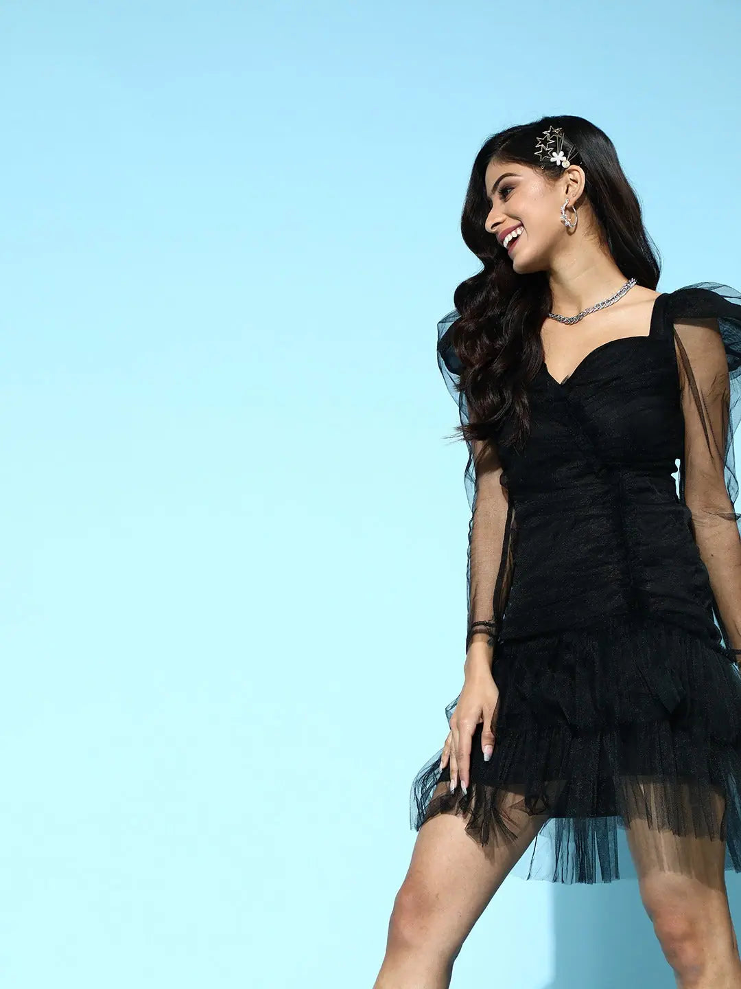 Holiday Special Offers Black Mesh Flounce Sleeve Short Dress