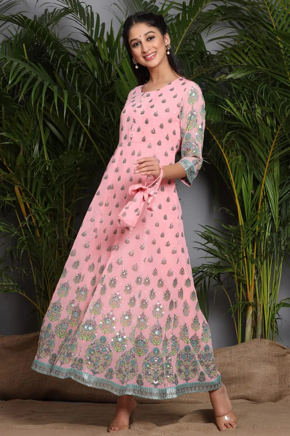 Charming Women's Garments Juniper Pink Georgette Printed Flared Dress