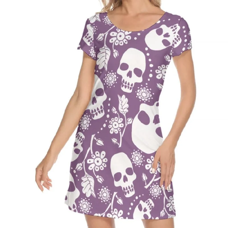 Exclusive Discount Women's Purple With White Skulls Short Sleeve O-neck Dress