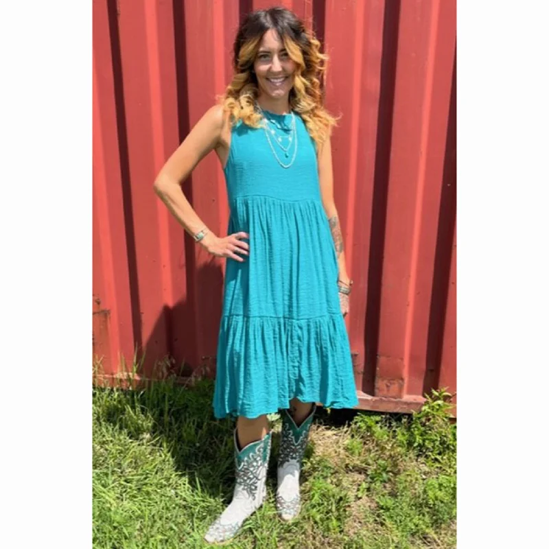 Charming Women's Outfit For Special Occasions Solid Teal Ruffle Dress