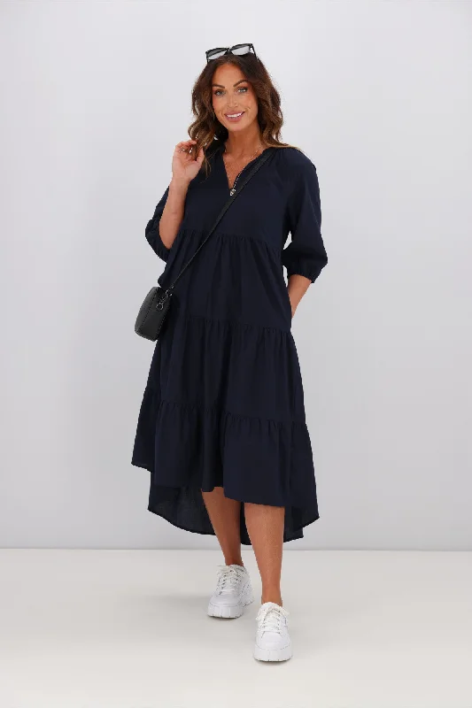 Women's Classic Outfit Sunday Boho Harlow Hi Low Dress Navy