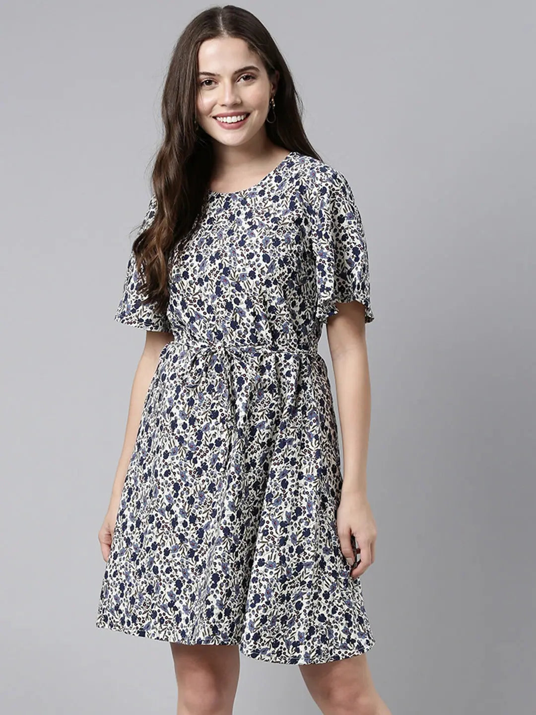 Women's Activewear for Exercise and Sports Ahika Women Off White Navy Blue Printed Fit Flare Dress