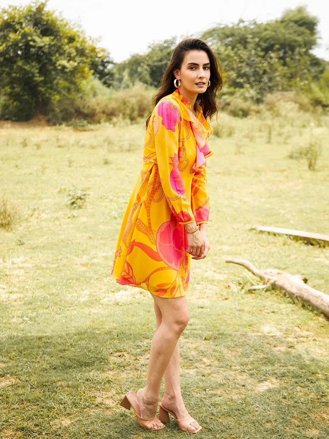 Timeless Women's Garments Frill Neck mini skater dress in Yellow Print