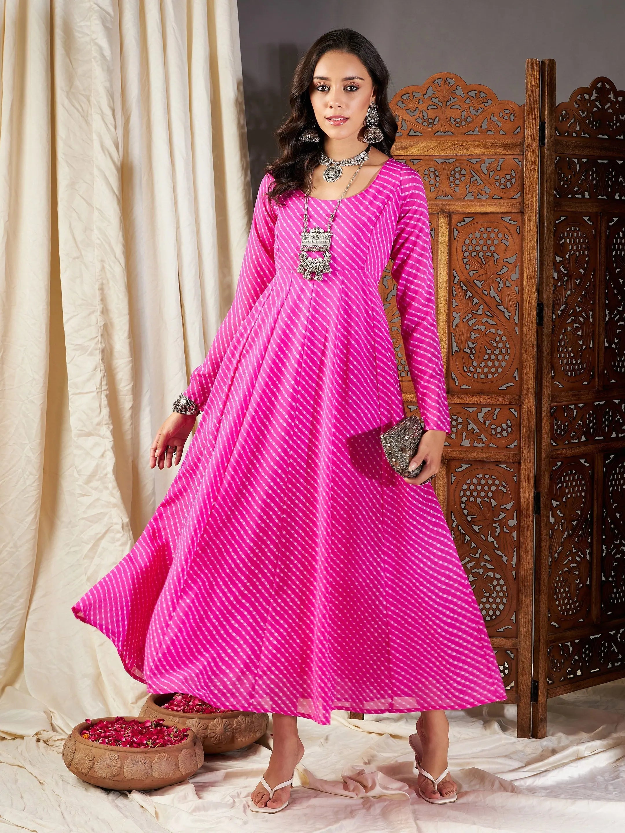 Boutique Dress Online Women Pink Lehariya Anarkali Dress