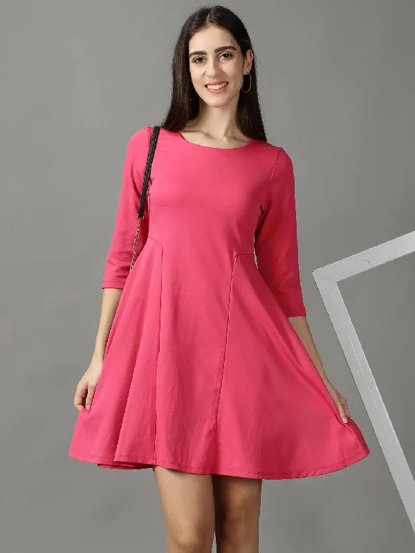 Women's Seasonal Clothes Women's Pink Solid A-Line Dress-DQ-17-378-0-Pink