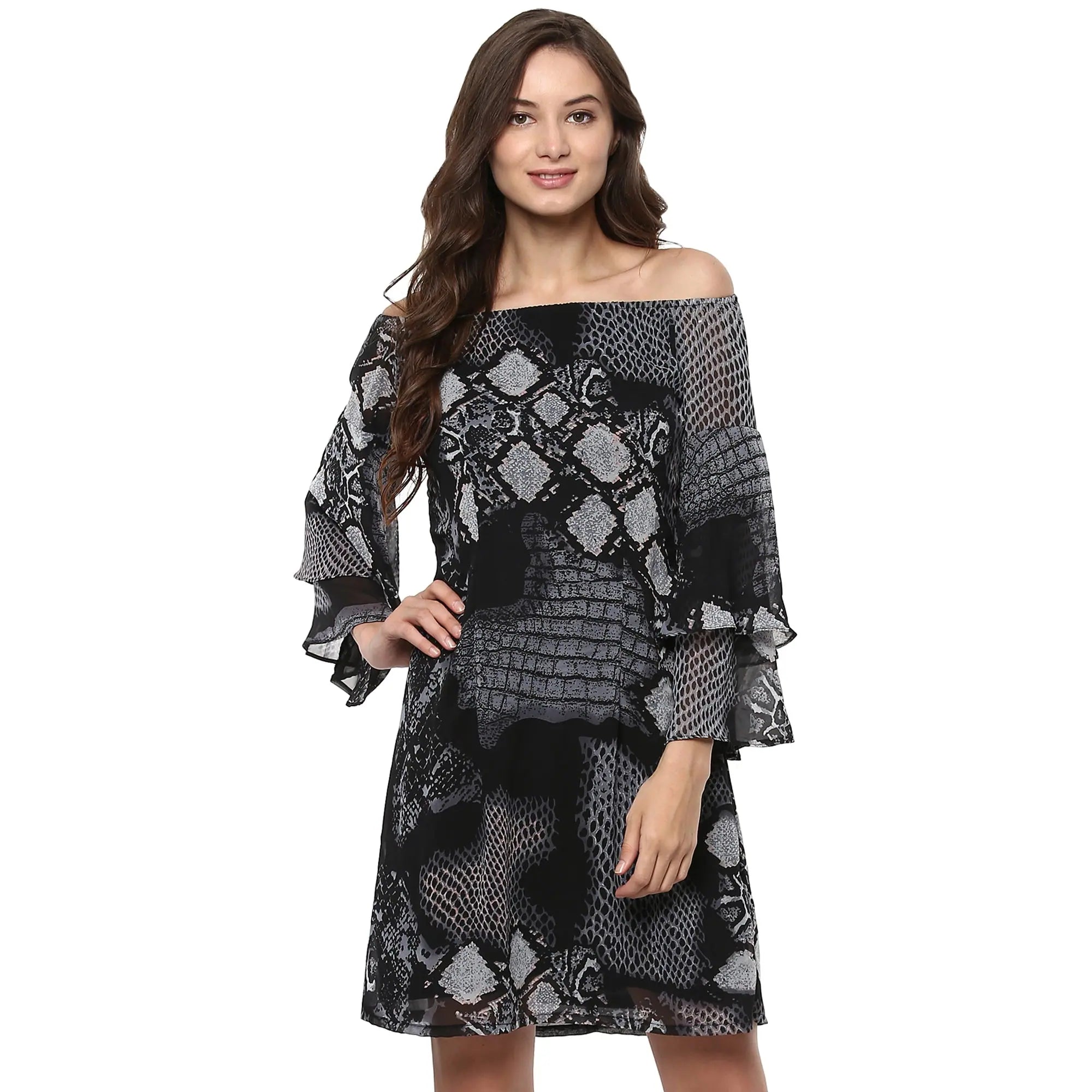 Stylish Women's Outfit Off-Shoulder Snake Printed Dress