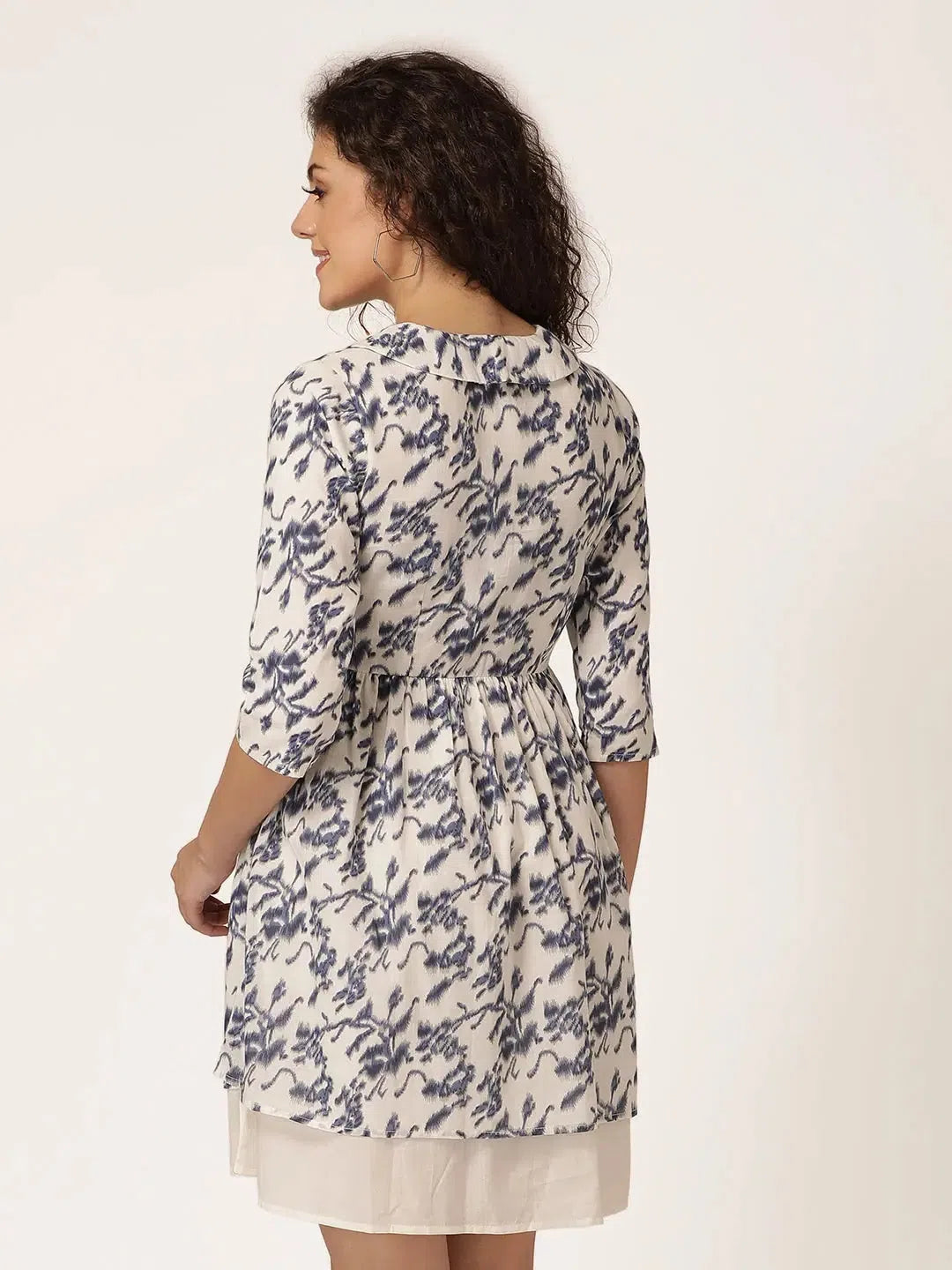 Fashion-forward Women's Wear Two layer Short collar Dress in Off white and Blue