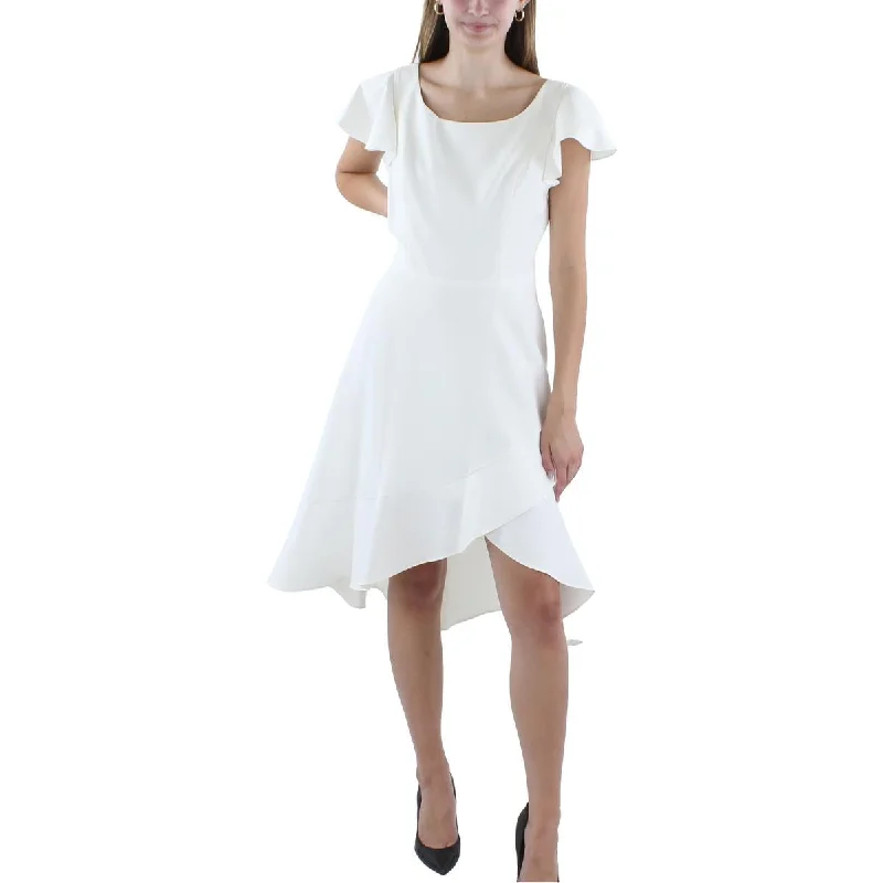 Women's Night-Out Outfit Black Halo Womens Hi-Low Flutter Sleeve Fit & Flare Dress