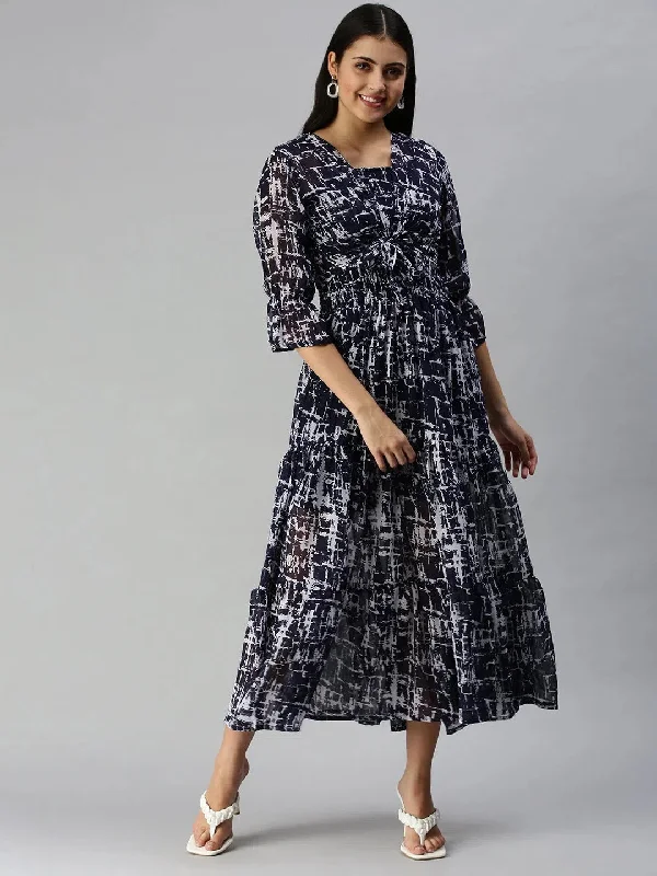 Women Wear Brands Women Navy Blue Printed Dress-AE-9907-Navybluewhite