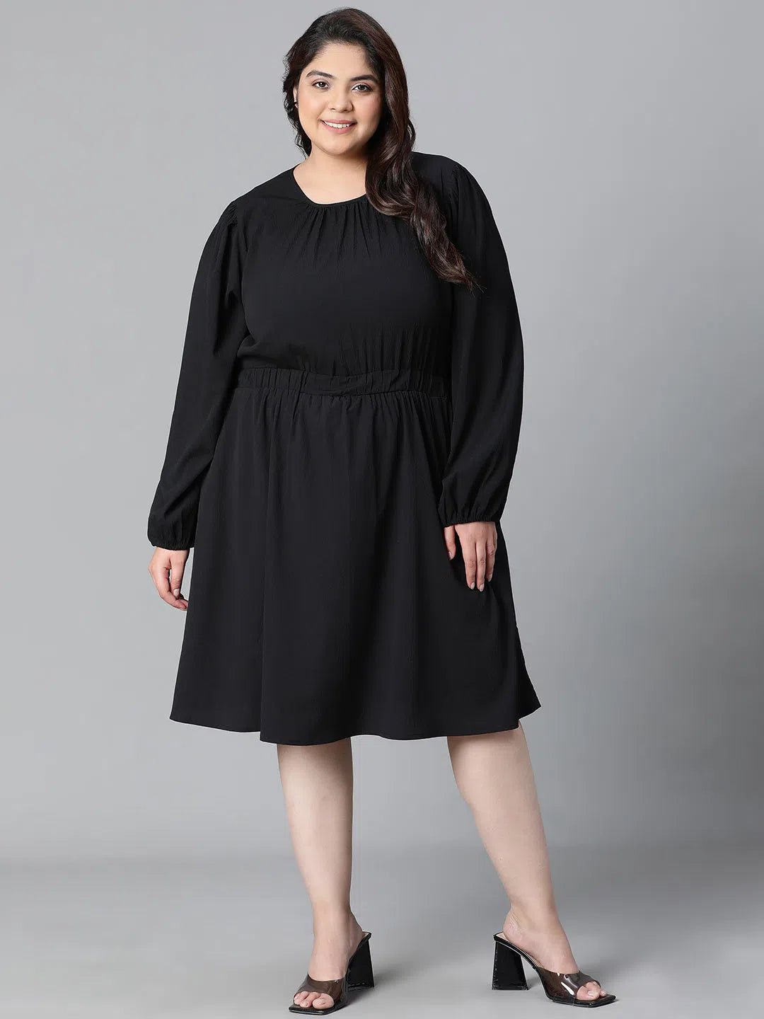 Sophisticated Style Women Plus Size Black Elsaticated Tie-Knotted Round Neck Knee-Length Dress-W23137PDR004