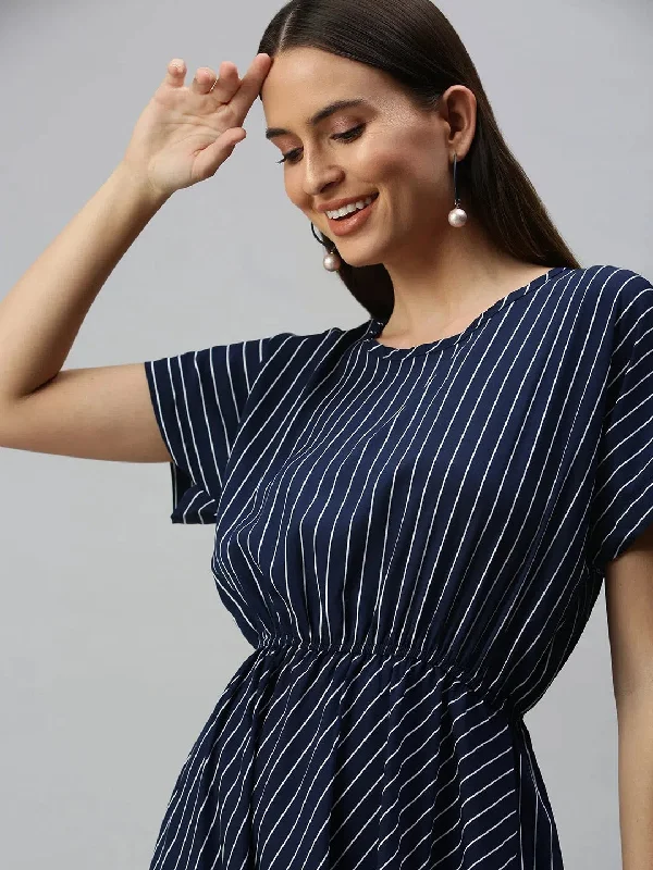 Classic Women's Clothing Styles Women Navy Blue Striped A-Line Dress-AE-9873-Navybluewhite