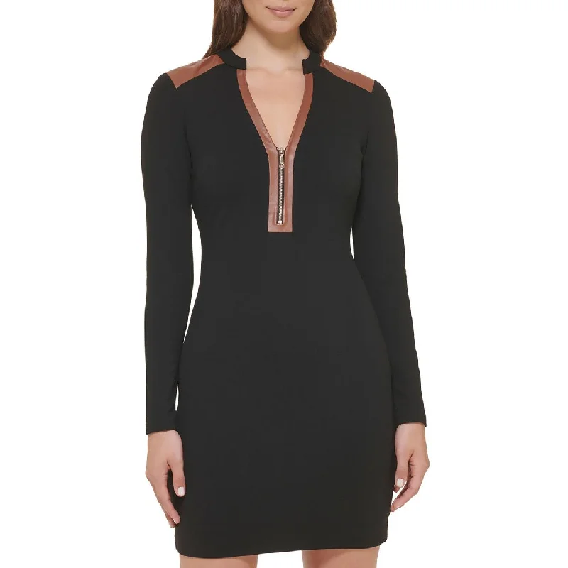 Women's Clothing For Holiday Travel Guess Womens Ponte Faux Leather Trim Sheath Dress