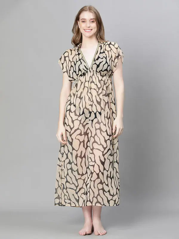 Vibrant Femme Fashion Women Brown Animal Print V-Neck Laced Up Elasticated Beachwear Dress