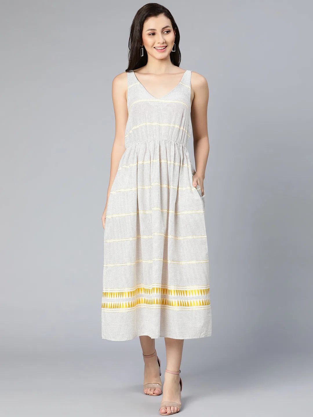 Elegant Clothing Grey tanned cotton meld printed & elastiacted women dress