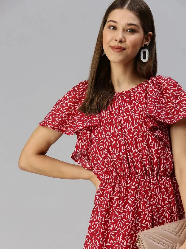 Chic Casual Style Women Red Self Design A-Line Dress-AE-9875-Redoffwhite