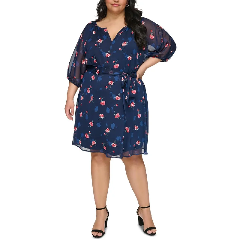 Women's Active Clothing DKNY Womens Plus Knee Length Split Neck Fit & Flare Dress