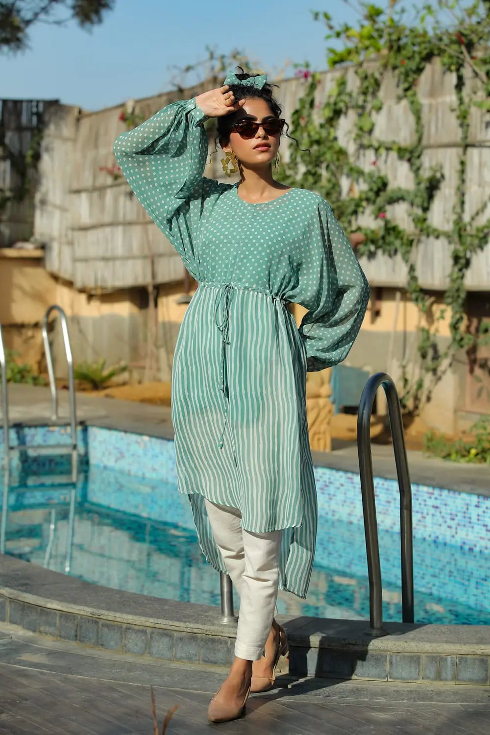 Women's Work Outfit Juniper Sagegreen Alphin Chiffon Flared Printed Dress With Tie-up Blet