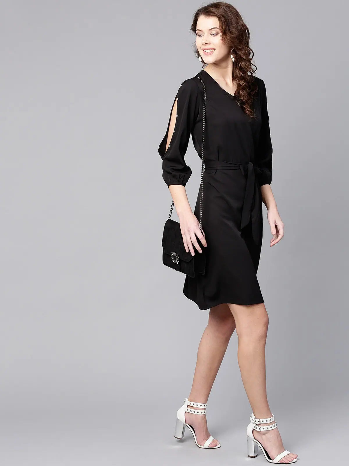 Elegant Fashion Pearl Slit Sleeves A-Line Dress-ZL8154PNK-XS