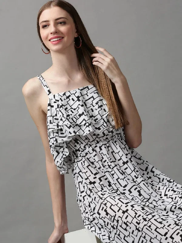 Women's Vacation Clothes Women's White Printed Fit and Flare Dress-AE-15684-Offwhite
