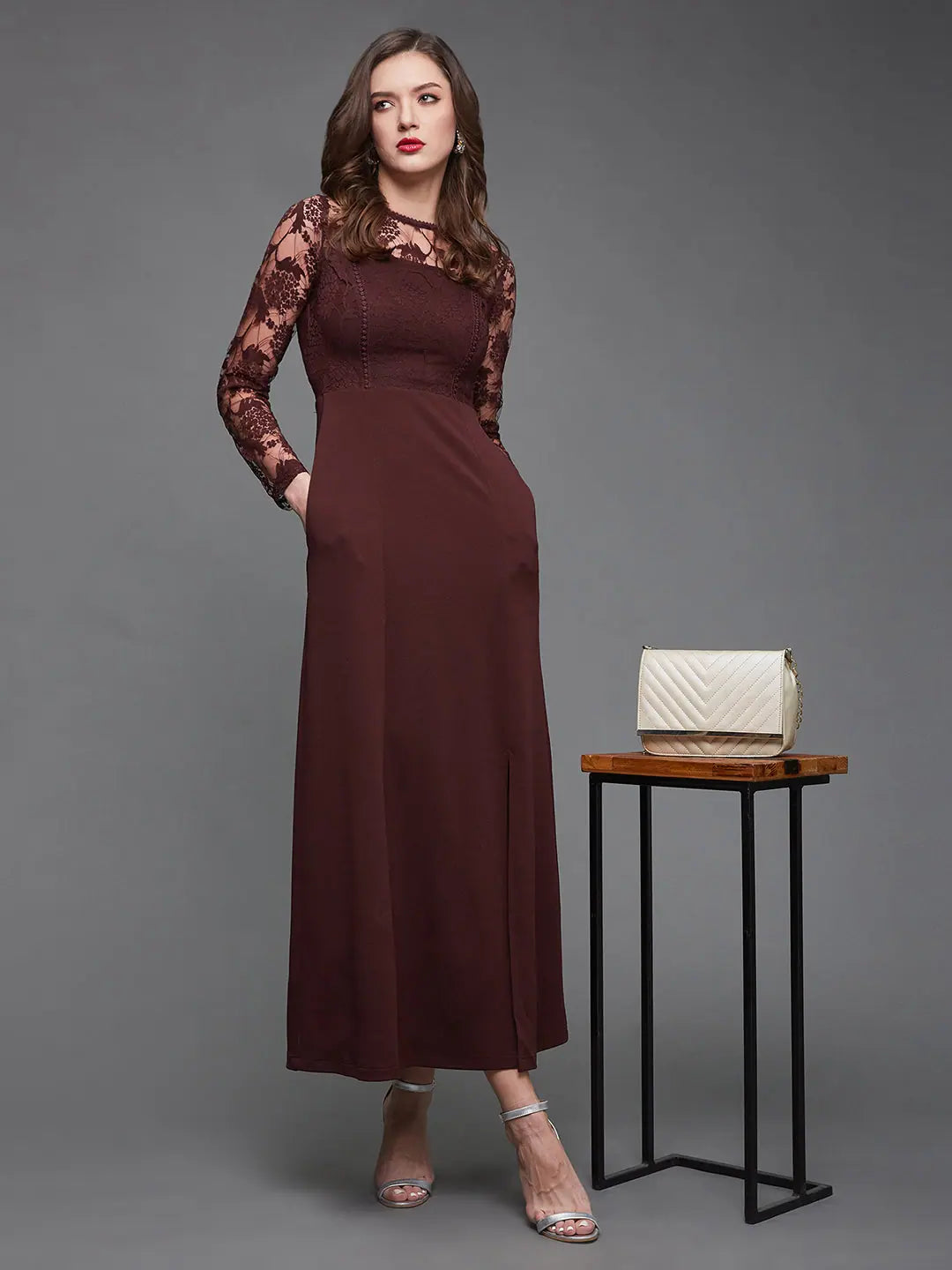 Casual Fashion Flowers Bringing Cheer Lace Overlaid Dress Wine