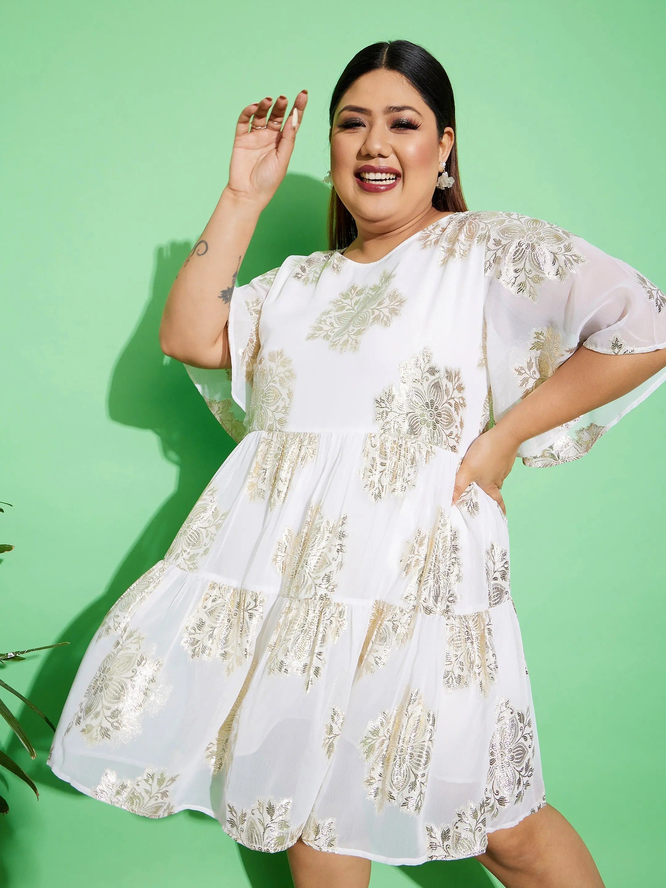 Workwear Fashion for Women Women White Jacquard Tiered Dress