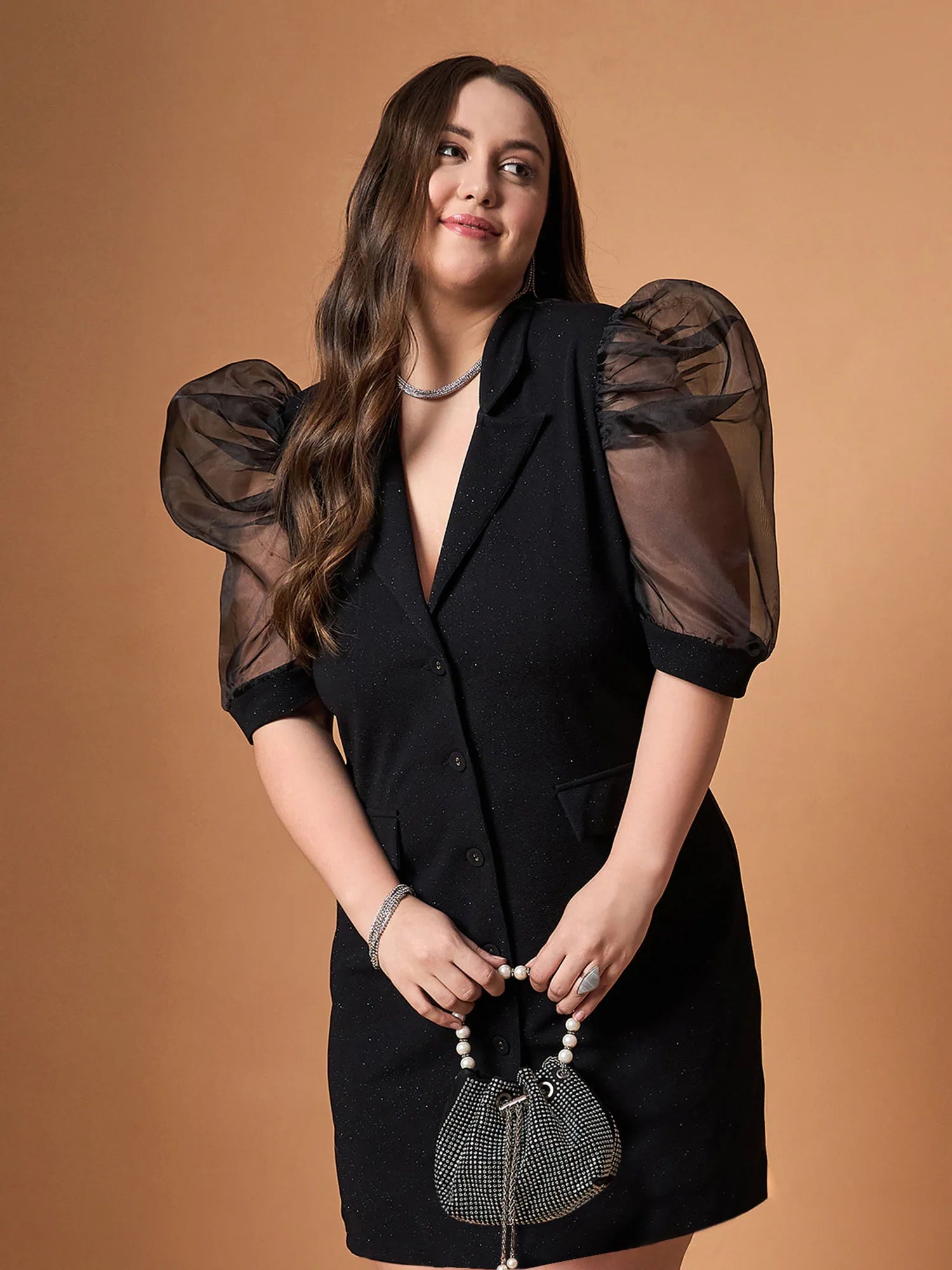 Vibrant Styles Women Black Glitter Organza Sleeves Blazer Dress-SFDRSS12467