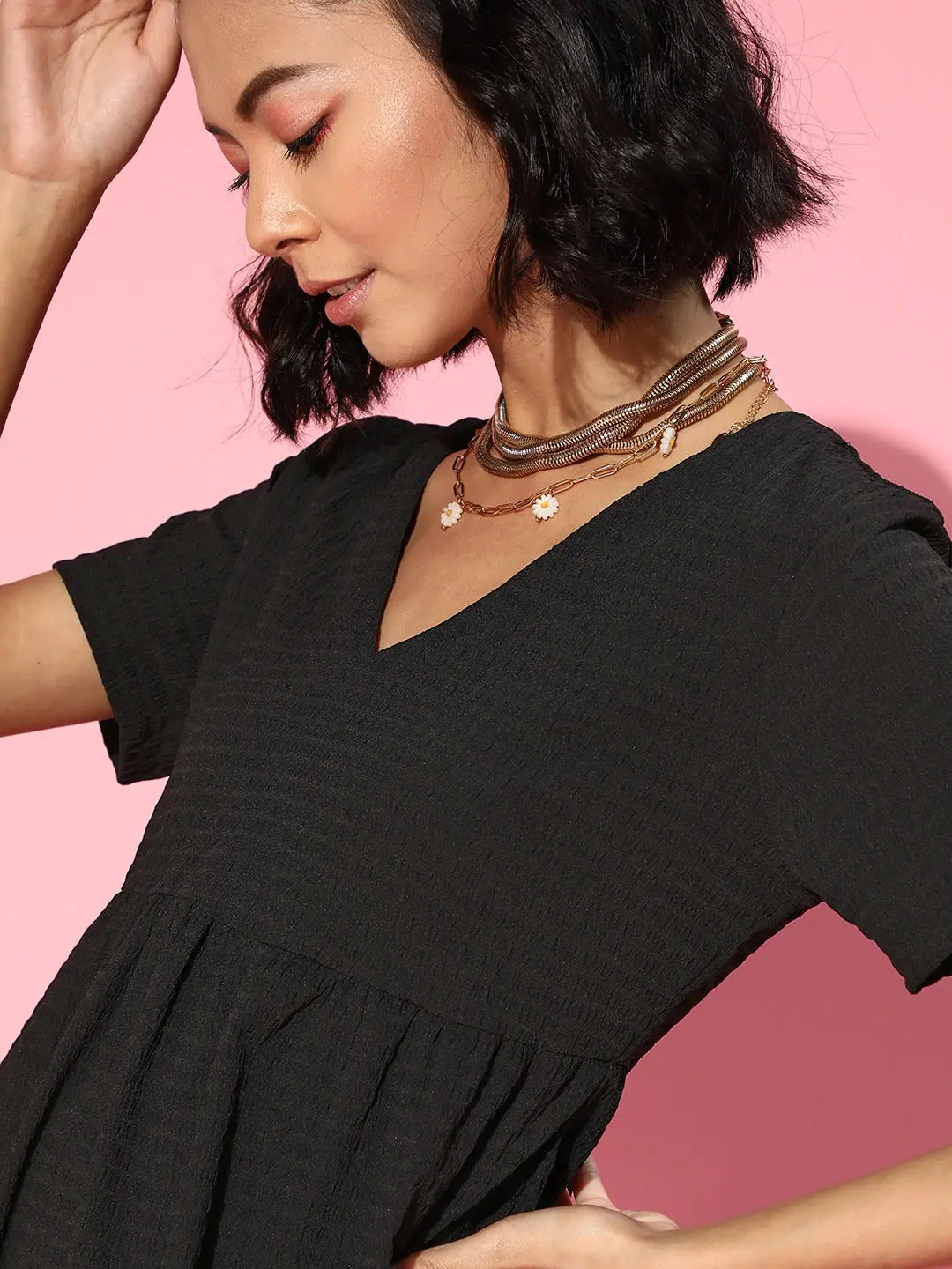 Women's Fashion Essentials Women Black V-Neck Tiered Dress