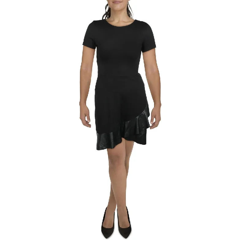 Fashionable Dresses for Women Planet Gold Womens Juniors Faux Leather Trim Short Sleeve Fit & Flare Dress