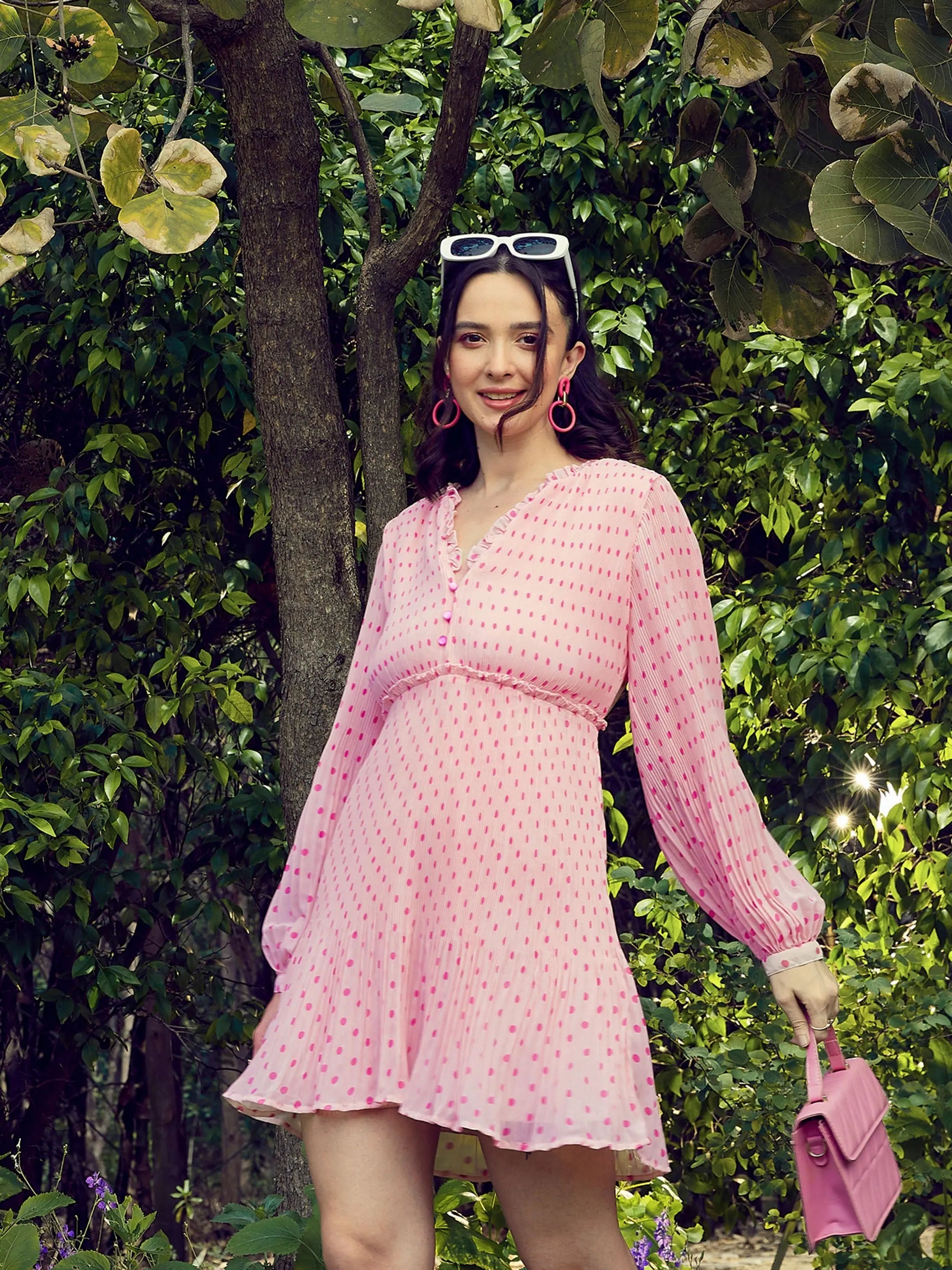 Women's Loungewear Clothes Women Pink Polka Dot Pleated Dress