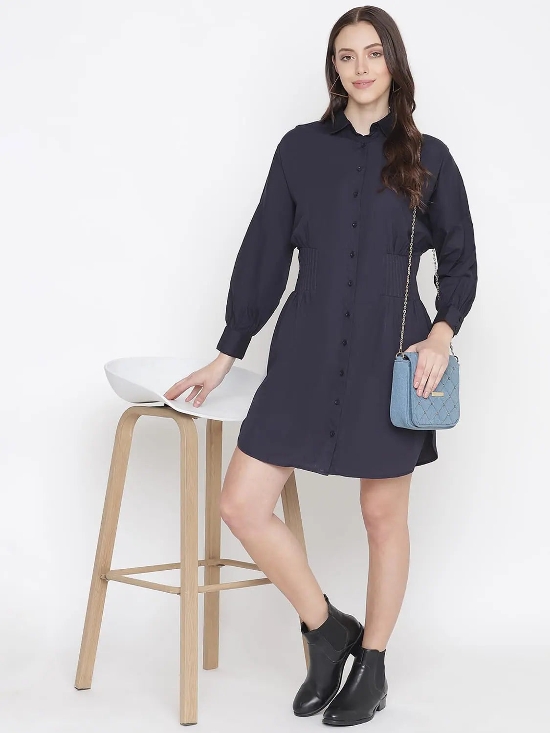 Seasonal Women's Fashion Trends Oxolloxo Stupefying Solid Navy Blue Button - Down Women Dress