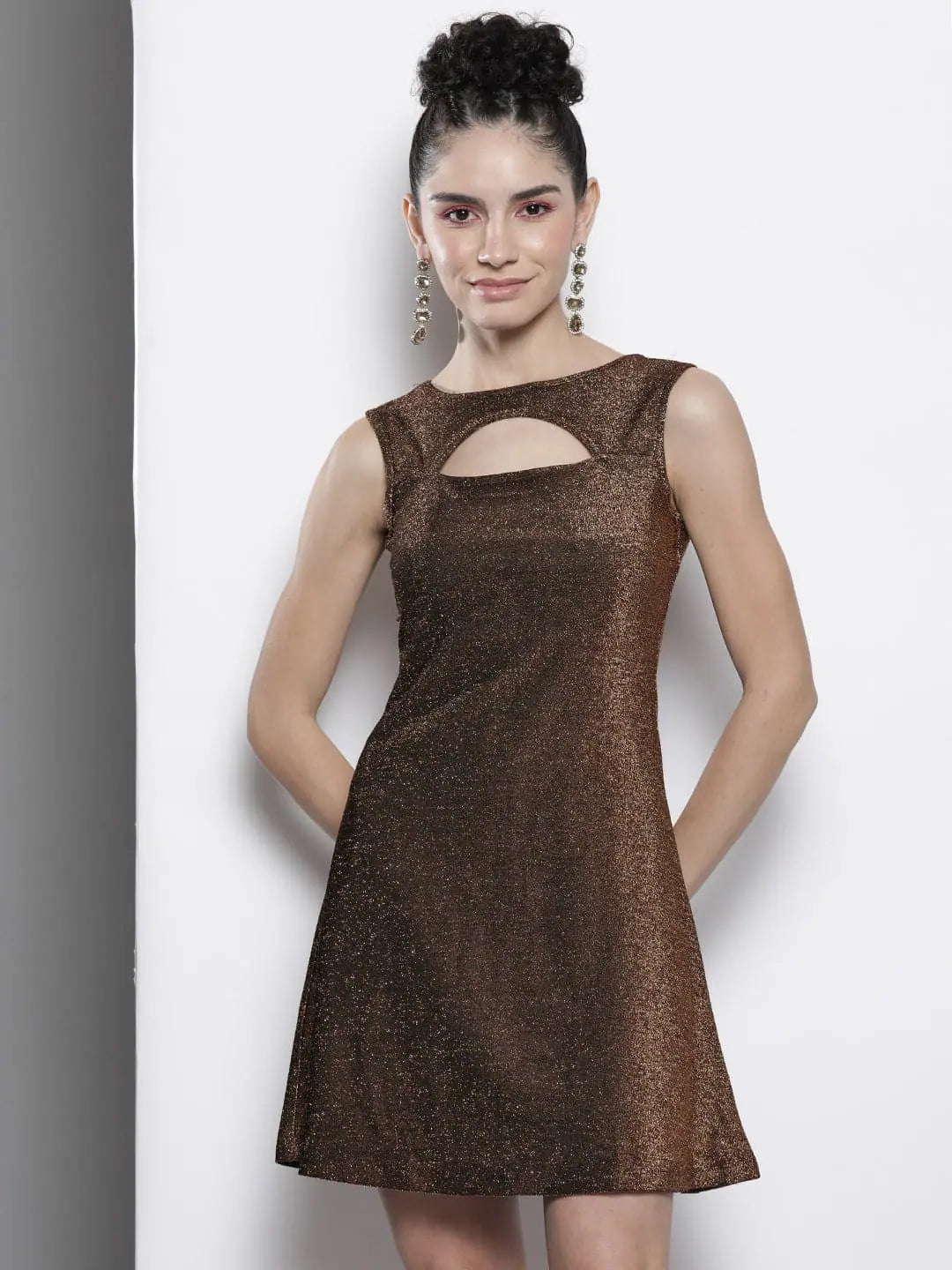Charming Everyday Clothing For Women Women Gold Lurex Front Moon Cut A-Line Dress