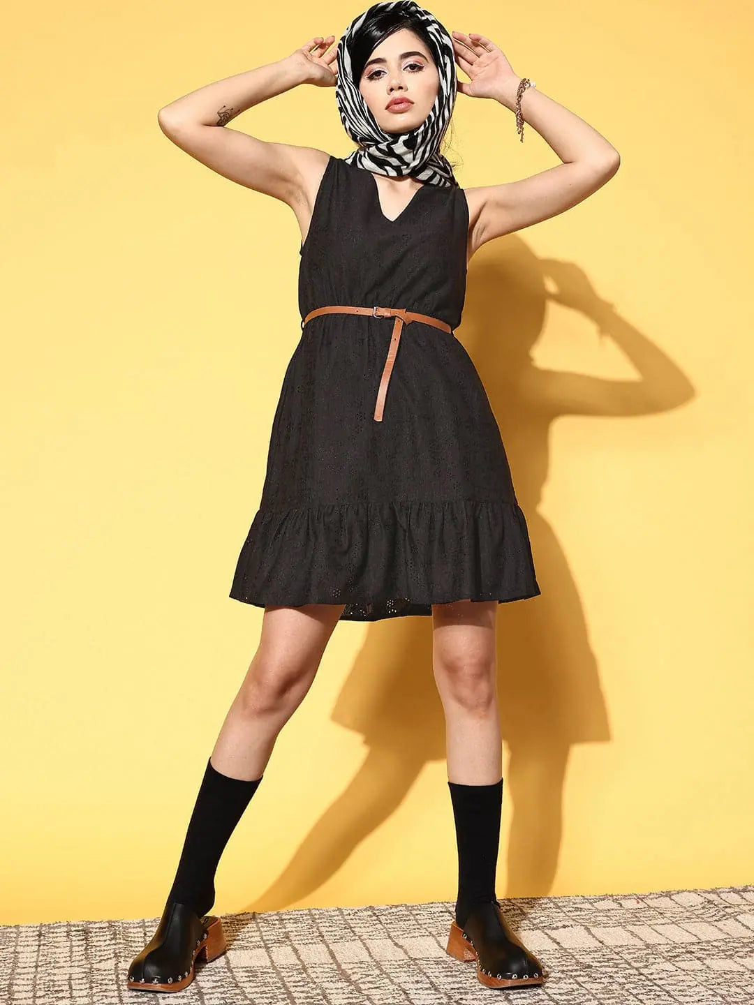 Fashionable Women's Clothes Women Black Schiffli V-Neck Frill Hem Belted Dress