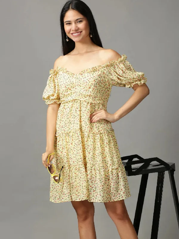 Women's Transitional Garments Women's Yellow Printed Fit and Flare Dress-HQ-6-Yellow
