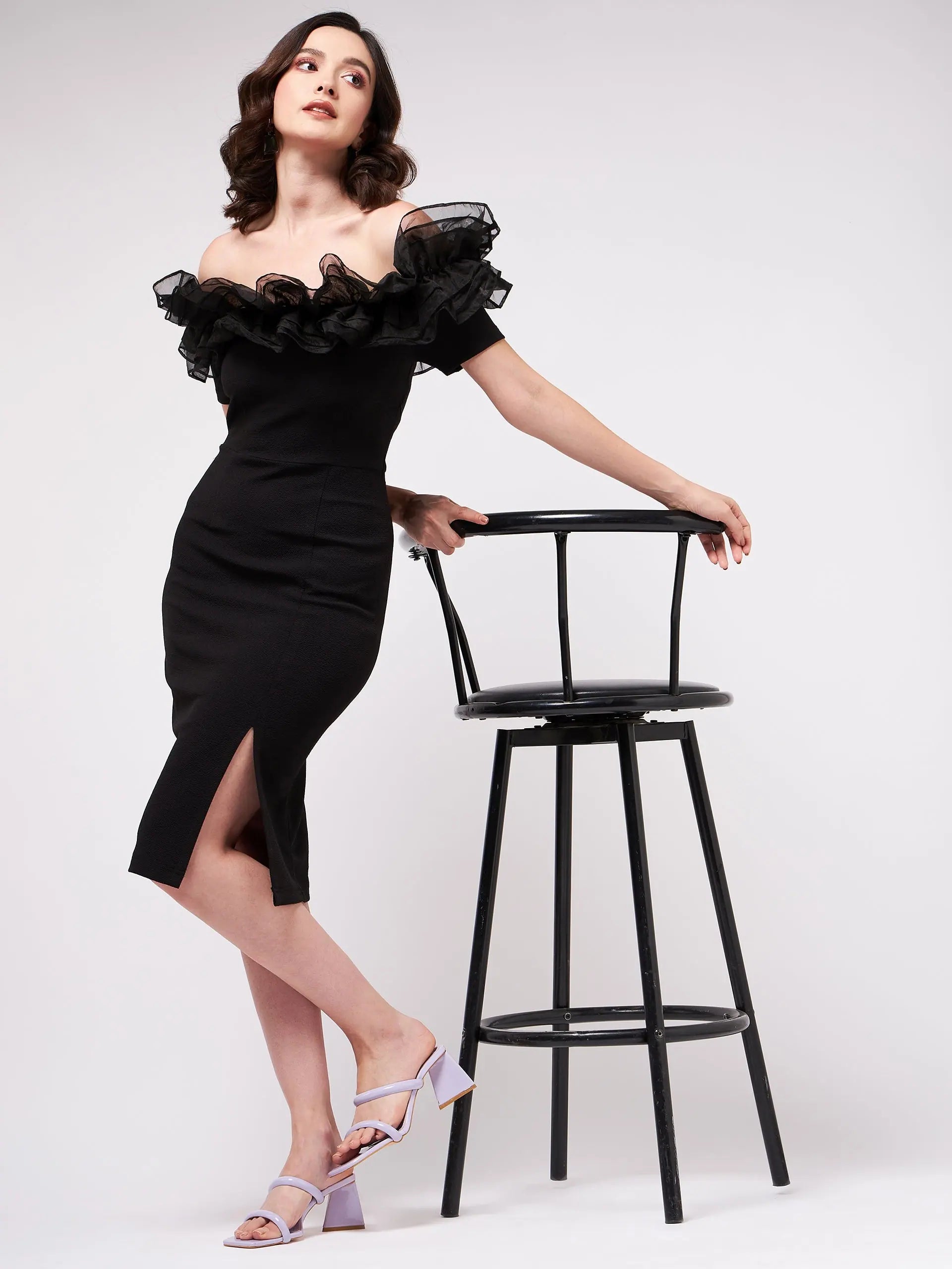 Chic And Comfortable Solid Fitted Off-Shoulder Dress-ZL8286BLCK-XS