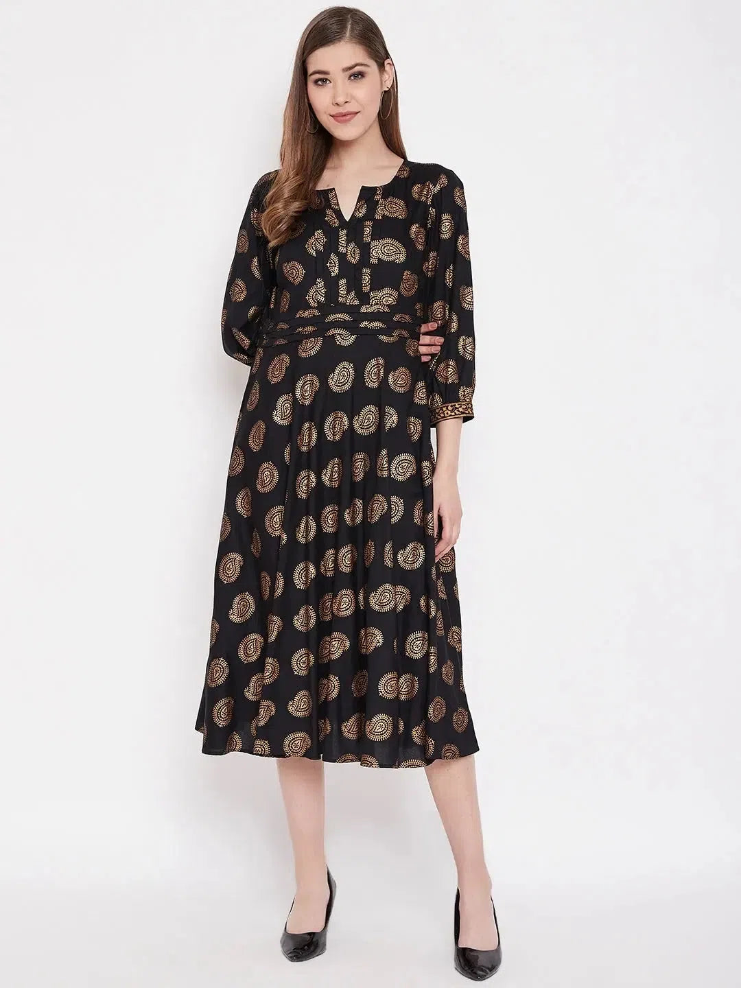 Women's Seasonal Fashion Trends Front neck and waist tucks with baloon sleeve printed dress in Black