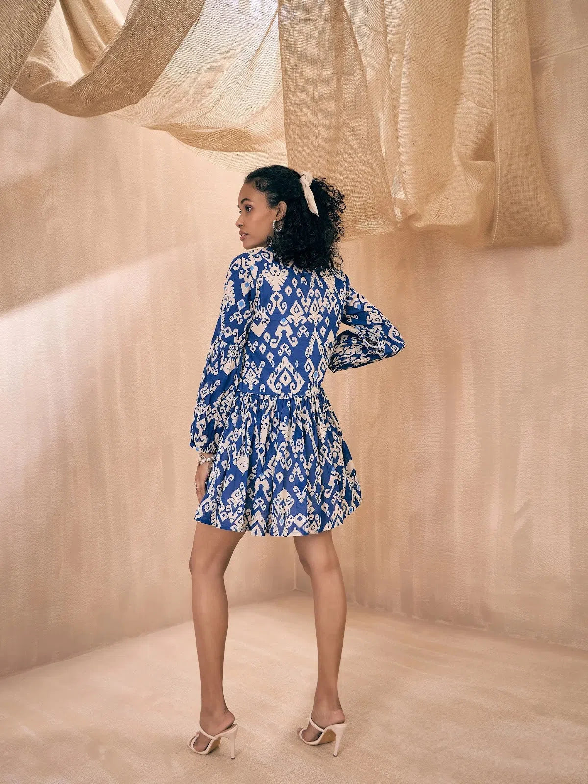 Sustainable Fashion Clothing For Women Women Blue Ikat Print Front Button Shirt Tiered Dress