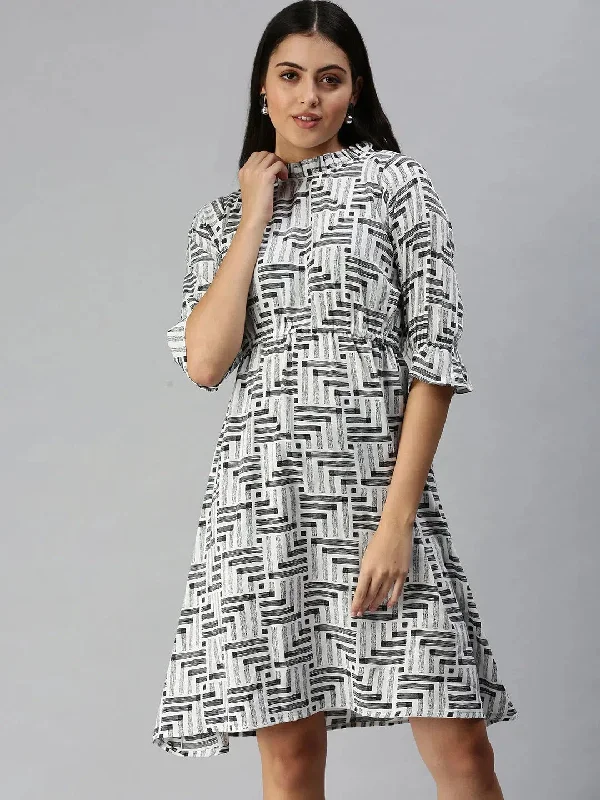 Flash Sale Clothing Women White Printed A-Line Dress-AE-9924-Whiteblack